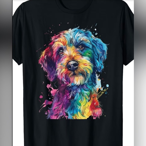 Tops - Unisex Colorful Dog Portrait T-Shirt - Vibrant Multi-Color Dog Design